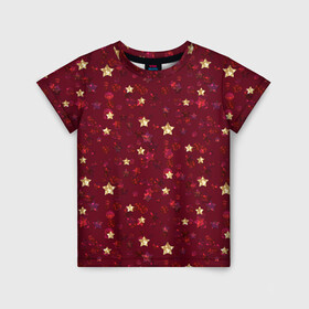 Детская футболка 3D с принтом Россыпи золотых звезд в Кировске, 100% гипоаллергенный полиэфир | прямой крой, круглый вырез горловины, длина до линии бедер, чуть спущенное плечо, ткань немного тянется | блеск | блестящий | детский | звезды | золото | золотой и красный | красный | модный
