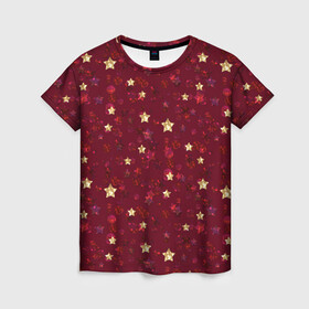 Женская футболка 3D с принтом Россыпи золотых звезд в Кировске, 100% полиэфир ( синтетическое хлопкоподобное полотно) | прямой крой, круглый вырез горловины, длина до линии бедер | блеск | блестящий | детский | звезды | золото | золотой и красный | красный | модный