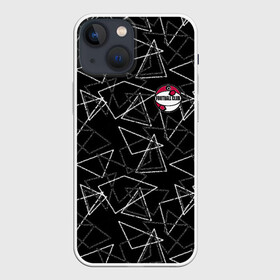 Чехол для iPhone 13 mini с принтом Черно белый геометрический в Кировске,  |  | абстрактный | аппликация | геометрический | модный | треугольники | футбол | футбольный клуб | черно белый | черный фон