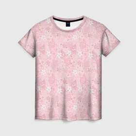 Женская футболка 3D с принтом Нежно розовые цветы с блеском в Кировске, 100% полиэфир ( синтетическое хлопкоподобное полотно) | прямой крой, круглый вырез горловины, длина до линии бедер | блеск | блестки | детский | золото | малышам | нежно розовый | розовые цветы | розовый и золотой