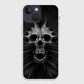 Чехол для iPhone 13 mini с принтом ЧЕРЕП С КЛЫКАМИ в Кировске,  |  | dark | death | fear | skelet | skull | байкерам | голова | готика | клыки | кости | крик | оскал | скелет | тьма | ужас | череп | черный
