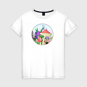 Женская футболка хлопок с принтом Грибы в Кировске, 100% хлопок | прямой крой, круглый вырез горловины, длина до линии бедер, слегка спущенное плечо | грибы | закат | мухоморы | растения