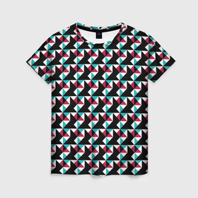 Женская футболка 3D с принтом Красно-черный абстрактный узор в Кировске, 100% полиэфир ( синтетическое хлопкоподобное полотно) | прямой крой, круглый вырез горловины, длина до линии бедер | абстрактный | геометрические фигуры | модный | молодежный | ртеугольники | современный