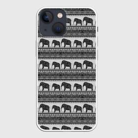 Чехол для iPhone 13 mini с принтом Черно белый узор слоны в Кировске,  |  | африканский | монохромный узор | орнамент | полосы | серый | серый и черный | слоны | этнический