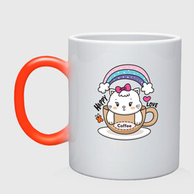 Кружка хамелеон с принтом Милая кошечка в чашке кофе в Кировске, керамика | меняет цвет при нагревании, емкость 330 мл | кот | котик | котята | кофе | кошечка | кошка | радуга | чашка кофе