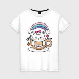 Женская футболка хлопок с принтом Милая кошечка в чашке кофе в Кировске, 100% хлопок | прямой крой, круглый вырез горловины, длина до линии бедер, слегка спущенное плечо | кот | котик | котята | кофе | кошечка | кошка | радуга | чашка кофе