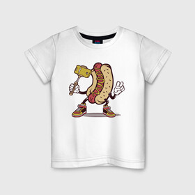 Детская футболка хлопок с принтом Хотдог сэлфи в Кировске, 100% хлопок | круглый вырез горловины, полуприлегающий силуэт, длина до линии бедер | Тематика изображения на принте: еда | прикол | сосиска | сосиска в тесте | сэлфи | фотка | хот дог | хотдог