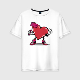 Женская футболка хлопок Oversize с принтом Сердечко сэлфи в Кировске, 100% хлопок | свободный крой, круглый ворот, спущенный рукав, длина до линии бедер
 | peace | selfi | мир | сердечко | сердце | сэлфи | фотка
