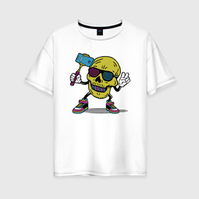 Женская футболка хлопок Oversize с принтом Череп сэлфи в Кировске, 100% хлопок | свободный крой, круглый ворот, спущенный рукав, длина до линии бедер
 | peace | selfi | мир | скелет | сэлфи | фотка | череп | черепушка