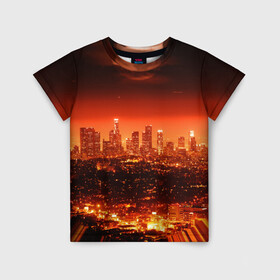 Детская футболка 3D с принтом Закат в Нью Йорке в Кировске, 100% гипоаллергенный полиэфир | прямой крой, круглый вырез горловины, длина до линии бедер, чуть спущенное плечо, ткань немного тянется | город | закат | красный | луна | мегаполис | месяц | нью йорк | яркий