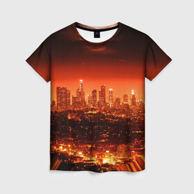Женская футболка 3D с принтом Закат в Нью Йорке в Кировске, 100% полиэфир ( синтетическое хлопкоподобное полотно) | прямой крой, круглый вырез горловины, длина до линии бедер | город | закат | красный | луна | мегаполис | месяц | нью йорк | яркий