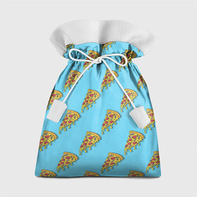 Подарочный 3D мешок с принтом Пицца паттерн на голубом в Кировске, 100% полиэстер | Размер: 29*39 см | Тематика изображения на принте: еда | итальянская кухня | кусок пиццы | паттерн | пицца | пицца пепперони | пицца с колбасой и сыром | слайс | фаст фуд