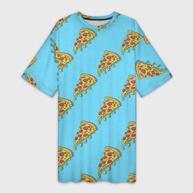 Платье-футболка 3D с принтом Пицца паттерн на голубом в Кировске,  |  | еда | итальянская кухня | кусок пиццы | паттерн | пицца | пицца пепперони | пицца с колбасой и сыром | слайс | фаст фуд