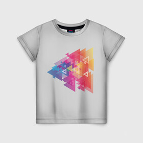 Детская футболка 3D с принтом Цветные треугольники в Кировске, 100% гипоаллергенный полиэфир | прямой крой, круглый вырез горловины, длина до линии бедер, чуть спущенное плечо, ткань немного тянется | искусство | прямоугольник | пурпурный | симметрия | треугольник | цвет