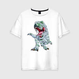 Женская футболка хлопок Oversize с принтом Динозавр-мумия в Кировске, 100% хлопок | свободный крой, круглый ворот, спущенный рукав, длина до линии бедер
 | tyrannosaurus | бинты | динозавр | дракон | мумия | тиранозавр | ящер