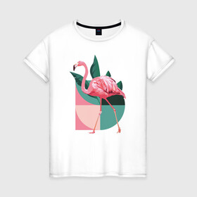 Женская футболка хлопок с принтом Розовый фламинго в Кировске, 100% хлопок | прямой крой, круглый вырез горловины, длина до линии бедер, слегка спущенное плечо | геометрия | птица | растения | розовый | розовый фламинго | фламинго | шея