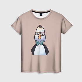 Женская футболка 3D с принтом Умная птица  в Кировске, 100% полиэфир ( синтетическое хлопкоподобное полотно) | прямой крой, круглый вырез горловины, длина до линии бедер | bird | brain | scientist | голубь | мозг | очки | пингвин | птица | учёный