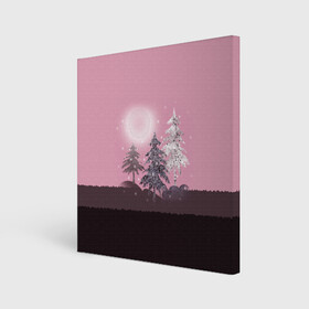 Холст квадратный с принтом Розовое сияние  в Кировске, 100% ПВХ |  | елка | ель | зима | коричневый и розовый | лес | луна | мозаика | мозаичный узор | новогодний | розовый | солнце | утро