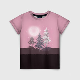 Детская футболка 3D с принтом Розовое сияние  в Кировске, 100% гипоаллергенный полиэфир | прямой крой, круглый вырез горловины, длина до линии бедер, чуть спущенное плечо, ткань немного тянется | елка | ель | зима | коричневый и розовый | лес | луна | мозаика | мозаичный узор | новогодний | розовый | солнце | утро