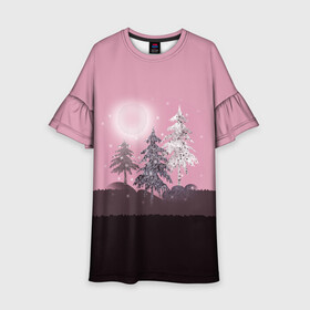 Детское платье 3D с принтом Розовое сияние  в Кировске, 100% полиэстер | прямой силуэт, чуть расширенный к низу. Круглая горловина, на рукавах — воланы | елка | ель | зима | коричневый и розовый | лес | луна | мозаика | мозаичный узор | новогодний | розовый | солнце | утро