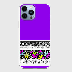Чехол для iPhone 13 Pro Max с принтом Яркий фиолетовый цветочный в Кировске,  |  | Тематика изображения на принте: детский | женский | кайма | лето | разноцветные ромашки | ромашки | фиолетовый | фиолетовый и желтый | цветочный узор | цветы