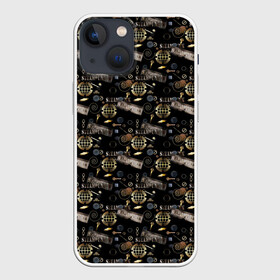 Чехол для iPhone 13 mini с принтом Стимпанк . Черный фон. в Кировске,  |  | ключи | креативный | металлический | металлический предметы | модный | современный | стильный узор | черный