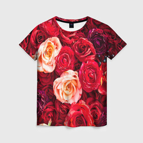 Женская футболка 3D с принтом Букет роз в Кировске, 100% полиэфир ( синтетическое хлопкоподобное полотно) | прямой крой, круглый вырез горловины, длина до линии бедер | большие | букет | девушкам | красивые | пышные | розы | цветы | яркие