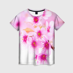 Женская футболка 3D с принтом Весеннее цветение вишни в Кировске, 100% полиэфир ( синтетическое хлопкоподобное полотно) | прямой крой, круглый вырез горловины, длина до линии бедер | бутоны | весна | девушкам | красивые | розовые | сакура | цветение | цветы | яблоня
