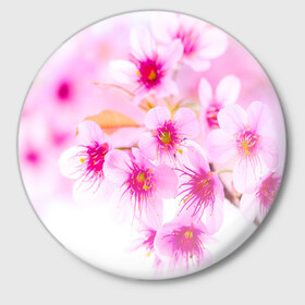 Значок с принтом Весеннее цветение вишни в Кировске,  металл | круглая форма, металлическая застежка в виде булавки | Тематика изображения на принте: бутоны | весна | девушкам | красивые | розовые | сакура | цветение | цветы | яблоня