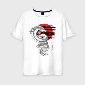 Женская футболка хлопок Oversize с принтом Дракон в Кировске, 100% хлопок | свободный крой, круглый ворот, спущенный рукав, длина до линии бедер
 | дракон | иероглифы | мода | молодежное | япония