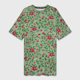 Платье-футболка 3D с принтом Клюква на болоте в Кировске,  |  | бесшовный паттерн | болото | ботанический | в подарок | для детей | клюква | красный с зеленым | лес | осень | природа | цветной | ягоды | яркий