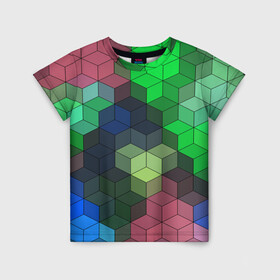 Детская футболка 3D с принтом Разноцветный геометрический уз в Кировске, 100% гипоаллергенный полиэфир | прямой крой, круглый вырез горловины, длина до линии бедер, чуть спущенное плечо, ткань немного тянется | абстрактный | зеленый | молодежный | разноцветный узор | ромбы | синий | текстура