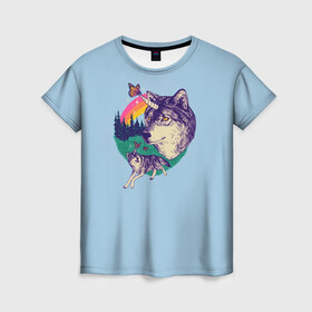 Женская футболка 3D с принтом Волк единорог в Кировске, 100% полиэфир ( синтетическое хлопкоподобное полотно) | прямой крой, круглый вырез горловины, длина до линии бедер | unicorn | бабочка | волки | деревья | детская | единорог | лес | радуга