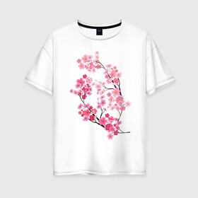Женская футболка хлопок Oversize с принтом Цветение вишни в Кировске, 100% хлопок | свободный крой, круглый ворот, спущенный рукав, длина до линии бедер
 | ветки | веточка | вишня | сакура | цветение вишни | цветы