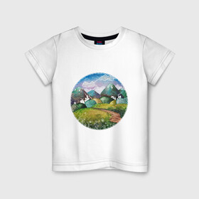Детская футболка хлопок с принтом Акварельные поля и тропинка в Кировске, 100% хлопок | круглый вырез горловины, полуприлегающий силуэт, длина до линии бедер | акварель | деревня | дома | зеленый | круг | лето | поля | рисунок