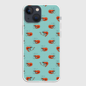 Чехол для iPhone 13 mini с принтом Креветки паттерн в Кировске,  |  | sea food | вареные креветки | винтажный стиль | голубо зеленый цвет | горошек | еда | креветки | морепродукты | морские гады | оранжевый | паттерн | цвет тиффани