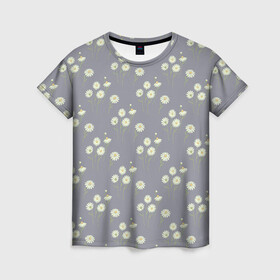Женская футболка 3D с принтом Ромашки на сером паттерн в Кировске, 100% полиэфир ( синтетическое хлопкоподобное полотно) | прямой крой, круглый вырез горловины, длина до линии бедер | летний принт | паттерн | полевые цветы | природа | растения | ромашки | серый | цветы
