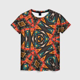 Женская футболка 3D с принтом Абстрактный арабский узор  в Кировске, 100% полиэфир ( синтетическое хлопкоподобное полотно) | прямой крой, круглый вырез горловины, длина до линии бедер | абстрактный | арабский | восточный | геометрические фигуры | заплатки | коричневый | оранжевый | орнамент | пэчворк | современный