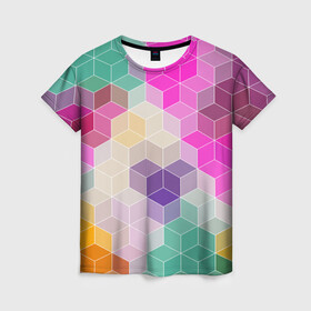 Женская футболка 3D с принтом Абстрактный разноцветный узор  в Кировске, 100% полиэфир ( синтетическое хлопкоподобное полотно) | прямой крой, круглый вырез горловины, длина до линии бедер | абстрактный | бирюзовый | бордовый | геометрические фигуры | модный | розовый | ромбы | современный