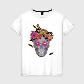 Женская футболка хлопок с принтом День мертвых Мексика в Кировске, 100% хлопок | прямой крой, круглый вырез горловины, длина до линии бедер, слегка спущенное плечо | calavera | sugar skull | день мертвых | иллюстрация | калавера | мексика | мексиканская вечеринка | мехико | рисунок | цветы | череп | череп с цветами