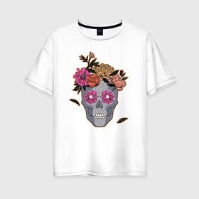 Женская футболка хлопок Oversize с принтом День мертвых Мексика в Кировске, 100% хлопок | свободный крой, круглый ворот, спущенный рукав, длина до линии бедер
 | calavera | sugar skull | день мертвых | иллюстрация | калавера | мексика | мексиканская вечеринка | мехико | рисунок | цветы | череп | череп с цветами
