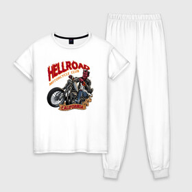 Женская пижама хлопок с принтом Hellroad в Кировске, 100% хлопок | брюки и футболка прямого кроя, без карманов, на брюках мягкая резинка на поясе и по низу штанин | road | ад | байкер | дьявол | калифорния | клуб | мотоцикл | черт