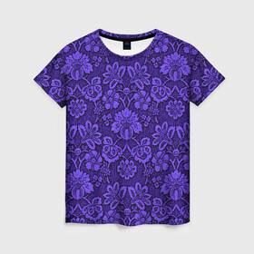 Женская футболка 3D с принтом Домашние обои  в Кировске, 100% полиэфир ( синтетическое хлопкоподобное полотно) | прямой крой, круглый вырез горловины, длина до линии бедер | домашние обои | обои | орнамент | текстуры | узор | фиолетовое | хохлома | цветы