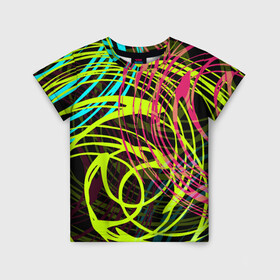 Детская футболка 3D с принтом Разноцветные спирали  в Кировске, 100% гипоаллергенный полиэфир | прямой крой, круглый вырез горловины, длина до линии бедер, чуть спущенное плечо, ткань немного тянется | абстрактный | желтый | круги | модный | молодежный | разводы | разноцветная абстракция | розовый | современный | спирали | черный