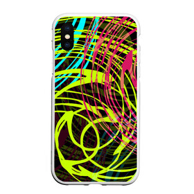 Чехол для iPhone XS Max матовый с принтом Разноцветные спирали  в Кировске, Силикон | Область печати: задняя сторона чехла, без боковых панелей | абстрактный | желтый | круги | модный | молодежный | разводы | разноцветная абстракция | розовый | современный | спирали | черный