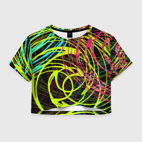 Женская футболка Crop-top 3D с принтом Разноцветные спирали  в Кировске, 100% полиэстер | круглая горловина, длина футболки до линии талии, рукава с отворотами | абстрактный | желтый | круги | модный | молодежный | разводы | разноцветная абстракция | розовый | современный | спирали | черный