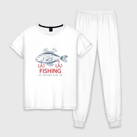 Женская пижама хлопок с принтом Лучший рыболовный клуб в Кировске, 100% хлопок | брюки и футболка прямого кроя, без карманов, на брюках мягкая резинка на поясе и по низу штанин | fish | fishing | мужику | мужчине | на рыбалке | на рыбалку | рыба | рыбак | рыбакам | рыбаку | рыбалка | удочка