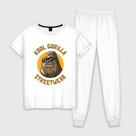 Женская пижама хлопок с принтом Koll Gorilla Streetwear в Кировске, 100% хлопок | брюки и футболка прямого кроя, без карманов, на брюках мягкая резинка на поясе и по низу штанин | Тематика изображения на принте: gorilla | koll gorilla | streetwear | горилла | обезьяна