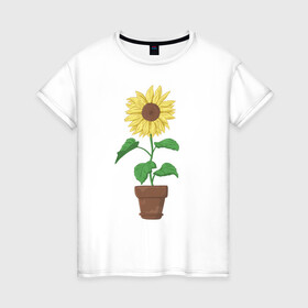Женская футболка хлопок с принтом Подсолнух в горшке в Кировске, 100% хлопок | прямой крой, круглый вырез горловины, длина до линии бедер, слегка спущенное плечо | горшок | подсолнух | растение | цветок