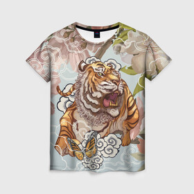 Женская футболка 3D с принтом Тигр в облаках в Кировске, 100% полиэфир ( синтетическое хлопкоподобное полотно) | прямой крой, круглый вырез горловины, длина до линии бедер | бабочка | восточные мотивы | нежность | облака | сакура | тигр | хищник | цветы